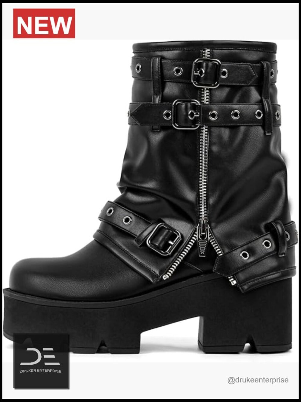 Punk Block Heel Ankle Boots with Straps Buckles Grommet Zipper